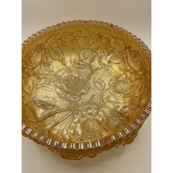 Vintage Imperial Glass Marigold Yellow Rose Sawtooth Footed Bowl - Picture 3 of 10